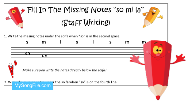 Fill In The Missing Notes so mi la (Staff Writing)